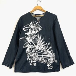 JONES NEW YORK‎ 100% Linen Black White Floral Tunic Womens Size Medium